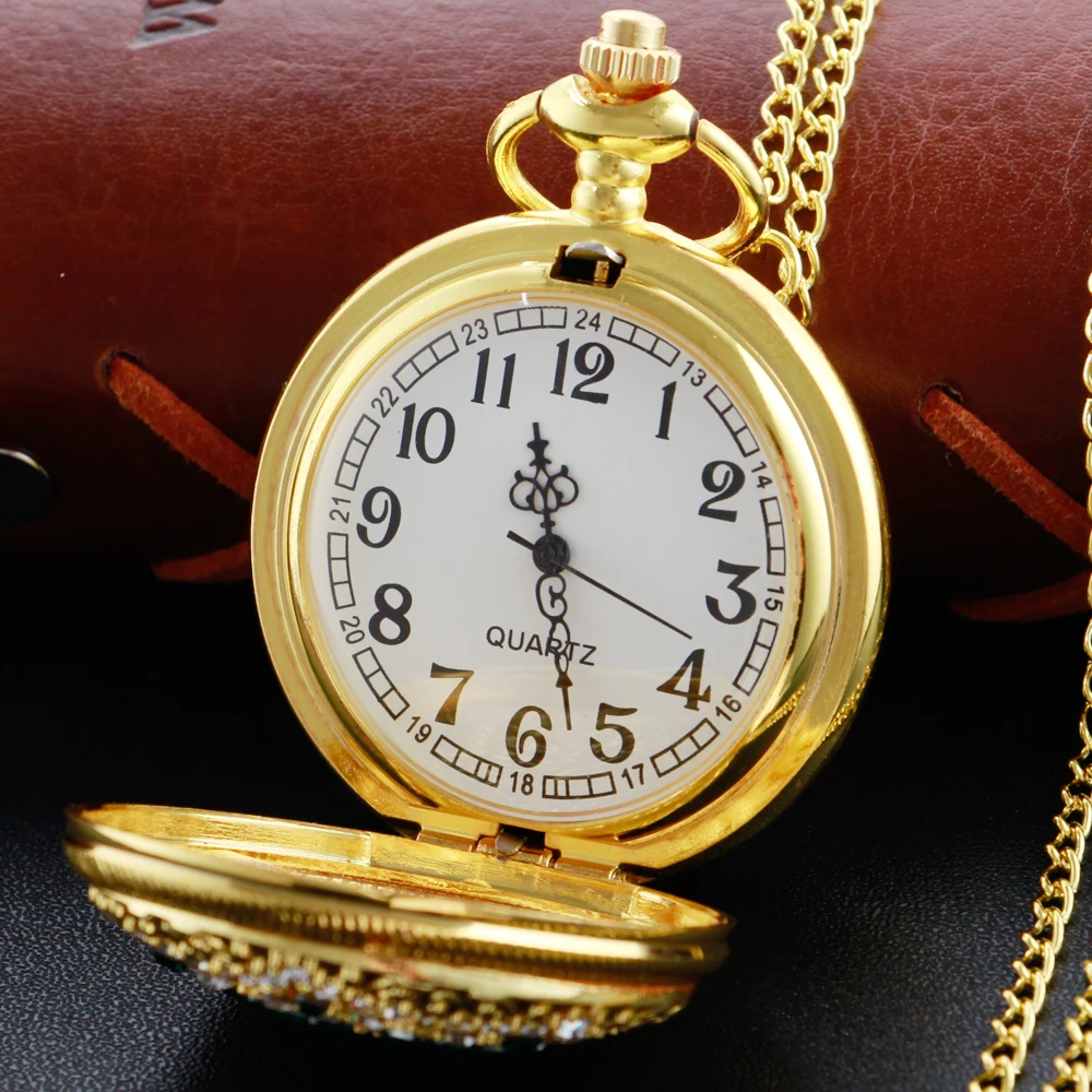 Gold Diamond Luxury Emerald Gem Pocket Watch Necklace Digital Pendant Chain Clock Fashion Sculpture Women's Men's Gift