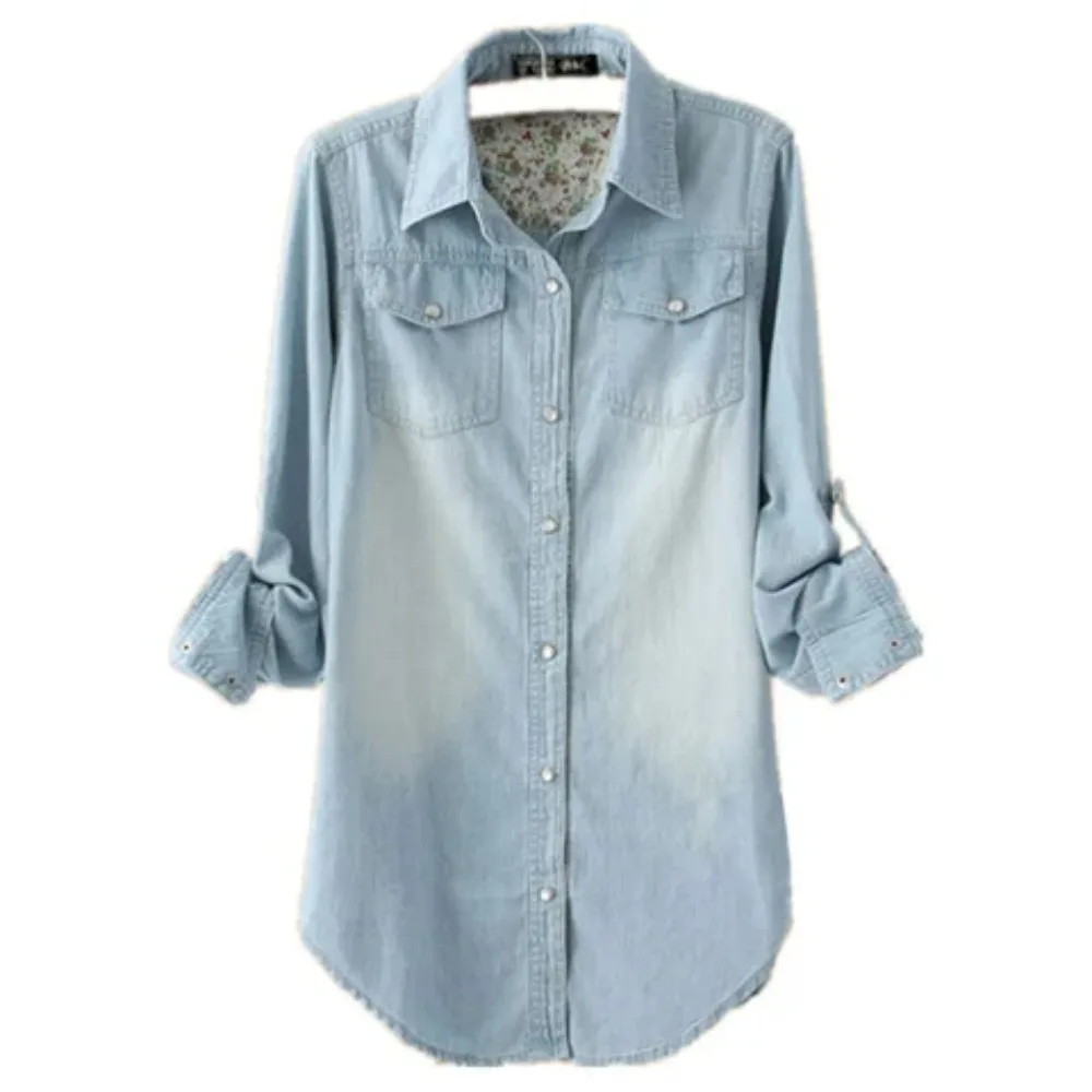 

Women Denim Shirt Top Overshirt Vintage Blouse Turn Down Colla Long Sleeve Single Breasted Washed 2025 Autumn Office Lady Tops