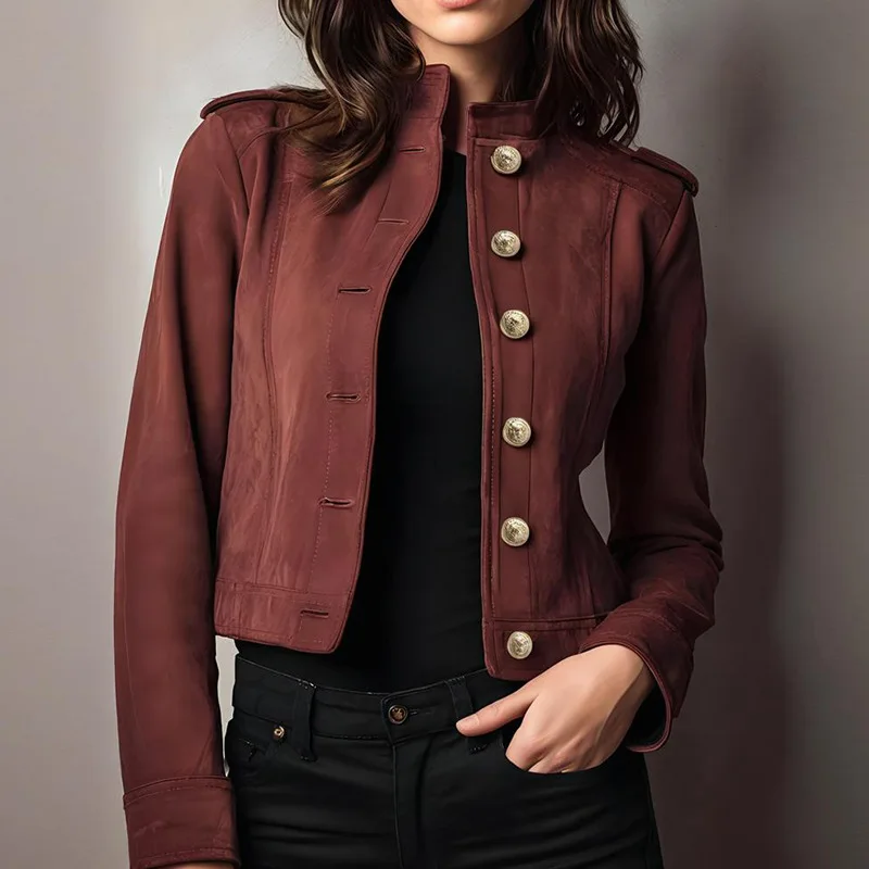 Women Suede Jacket Autumn Solid Casual Bomber Coat Long Sleeve Classic Button Jackets Vintage Lady Short Motorcycle Outwears Y2k