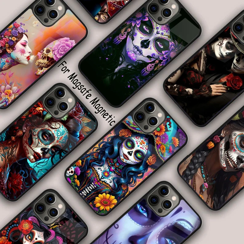 Catrina Beautiful Rose Girl Skull Magnetic Phone Case For APPLE iPhone 16 14 13 12 11 Pro Max 15 Plus Wireless MagSafe Cover