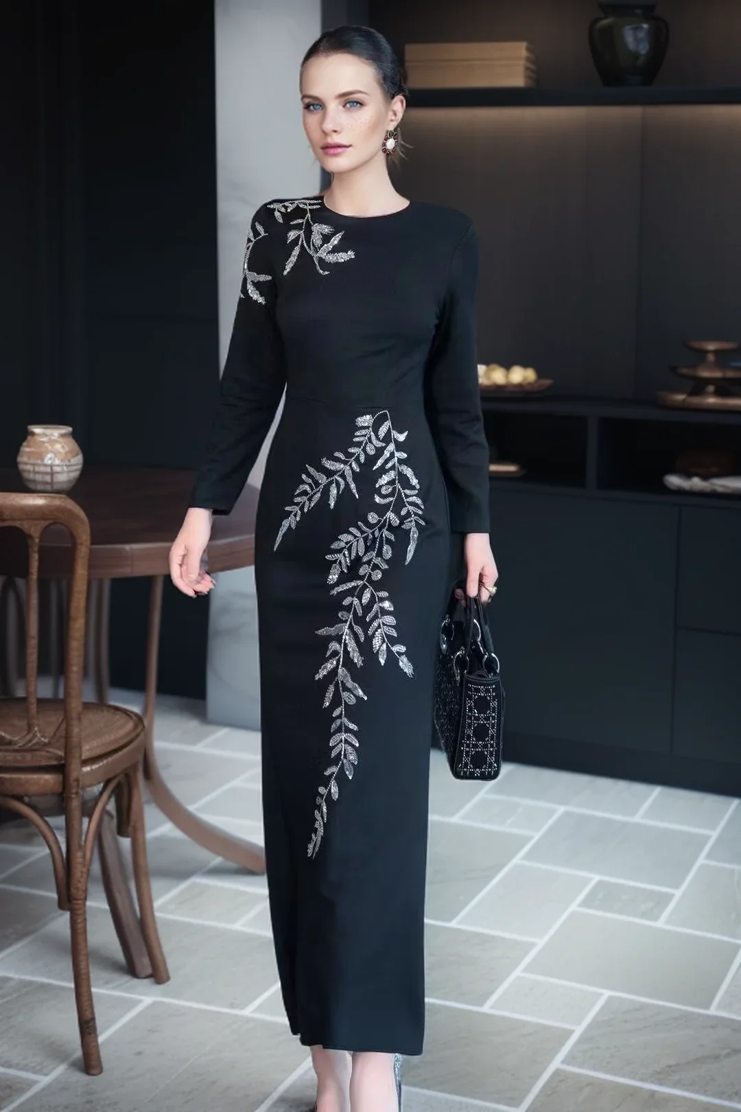 

SEQINYY Elegant Long Dress Black Spring Autumn New Fashion Design Women Runway High Street Vintage Flower Sliver Sequined