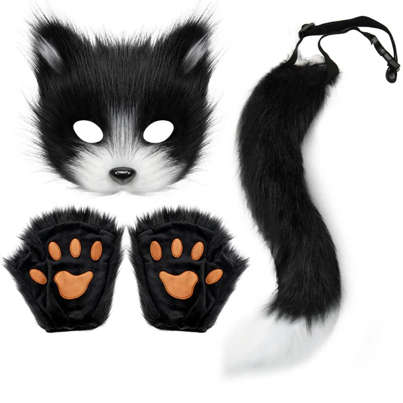 Halloween Fun Mask and Tail Set Easy To Wear Tail and Paw Set Female Plush Fox Mask CosplayCostume Accessories for Party Holiday