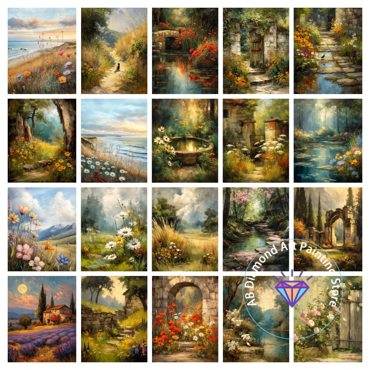 

Vintage Wildflower Farmhouse Jungle Scenery AB Diamond Painting Kit 5D DIY Diamond Embroidery Handmade Art Gift Home Decoration