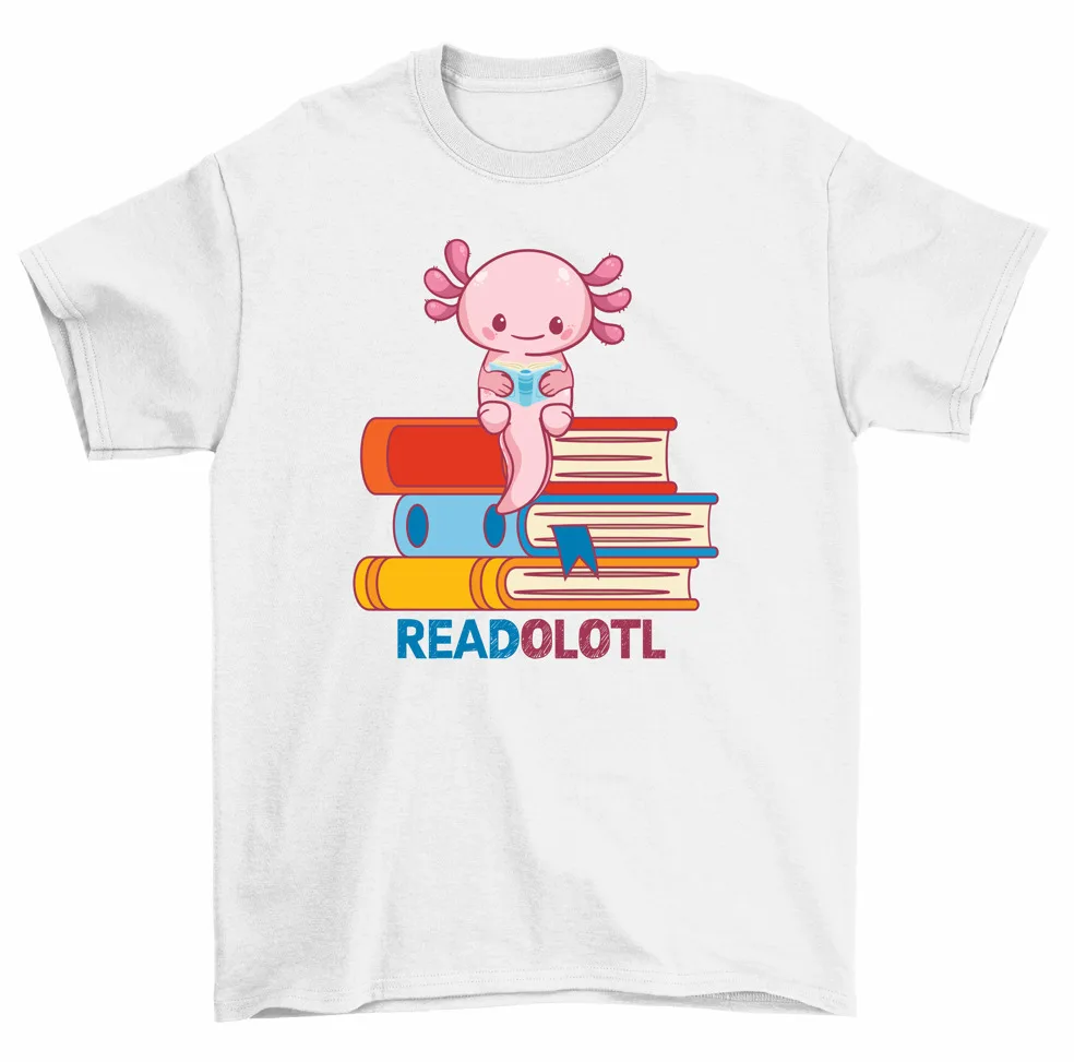 Readolotl Axolotl Reading Books T-Shirt Men Women Unisex High Quality 100%Cotton Short Sleeve