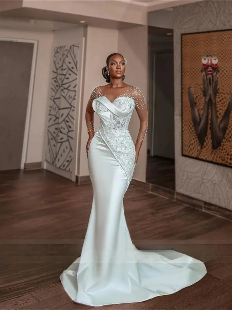 Luxury Pearls Beaded Mermaid African Wedding Dress Sheer O-neck Long Sleeves Aso Ebi Engagement Gowns Corset vestido de novia