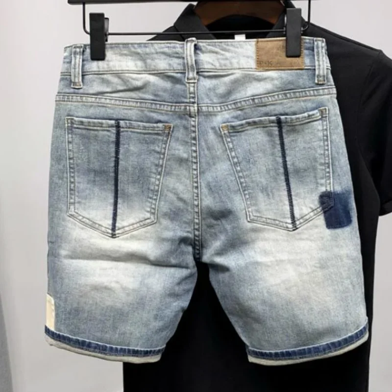 Male Denim Shorts with Pockets Blue Men\'s Short Jeans Pants Ripped Spliced New in Jorts Harajuku Korean Fashion Cowboy Thin Y2k