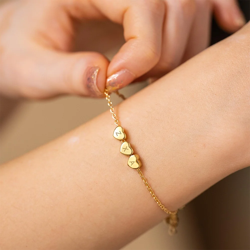 Custom 3D Heart Initial Bracelet Women Personalized Gold Color Engraved Letter Bracelets Stainless Steel Jewelry Mother Gift - view 6