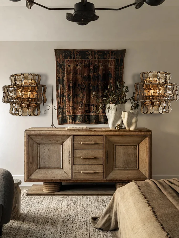 Retro American Dark Brown Glass Wall Sconce Lamps Led Decoration Living Room Aisle Bedside Wall Mounted Items Background Lights