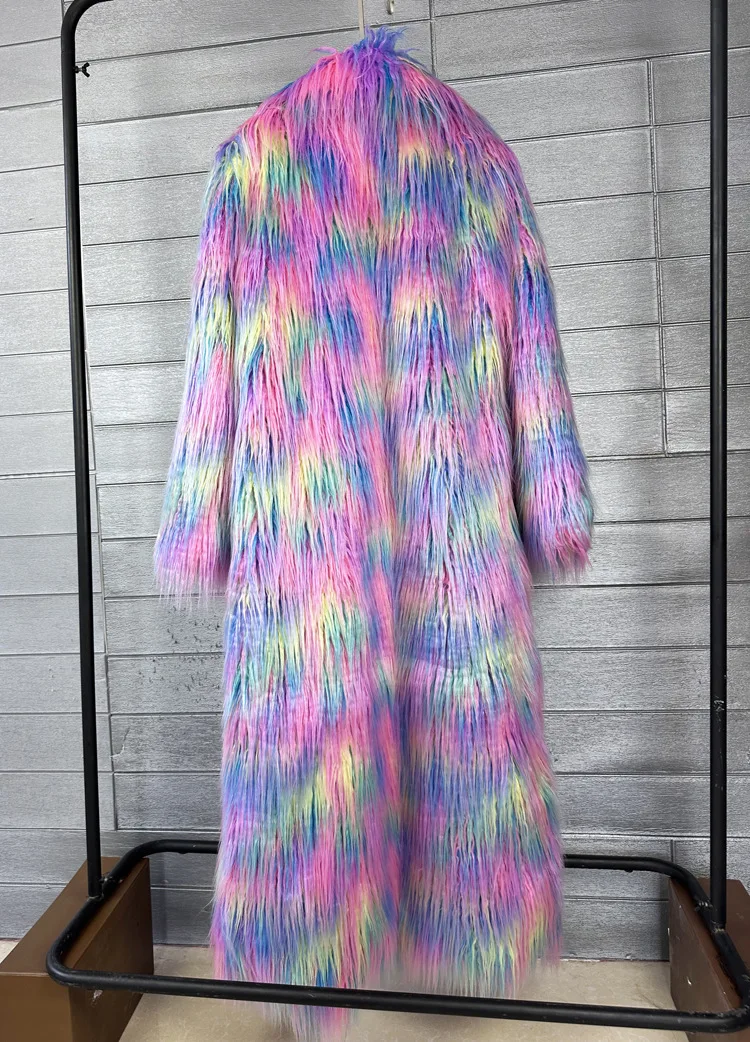 DEAT 2026 Winter New Items Imitation Colorful Long Coat For Women Faux Fur Suit Collar Long Sleeve Trench Jacket Female 11A05577