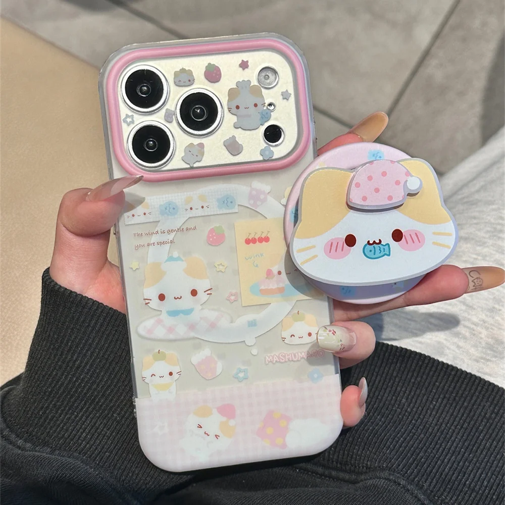 

Kawaii Cotton Candy Cat With Magsafe Stand Cute Holder Magnetic Phone Case for iPhone 17 Pro 16 15 14 13 16 Pro Max Funda Cover