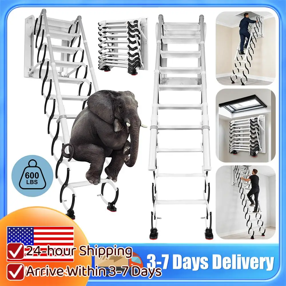 

Wall Mounted Retractable Attic Ladder Folding Loft Stairs with Handrails & Pull-Down System Extra Wider Attic Stairs for Indoor