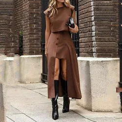 Women Skirt Set Two Piece Sets Sexy Slim Dress Sets Short Sleeve Tops Mid Length Skirts High Waist A Line Elegant Splice Casual