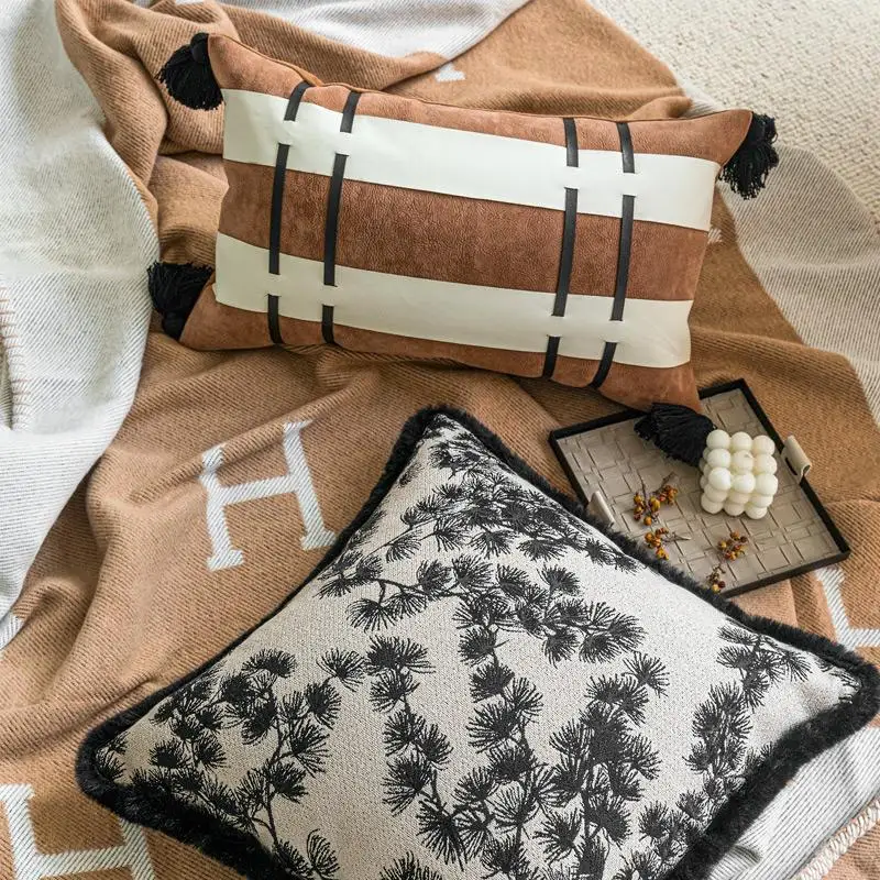 medieval style beige black and coffee color cushion cover sofa brown throw pillow cover decorative black pu pillowcase