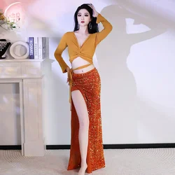 Bellydance Practice Clothes V-neck Long Sleeves Top+sequin Long Skirt 2pcs Belly Dance Professional Performance Costumes
