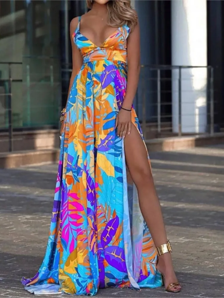 

Женское длинное платье на бретелях-спагетти, с цветовым принтом, сексуальное платье с глубоким V-образным вырезом и открытой спиной, модное богемное пляжное платье макси для отпуска