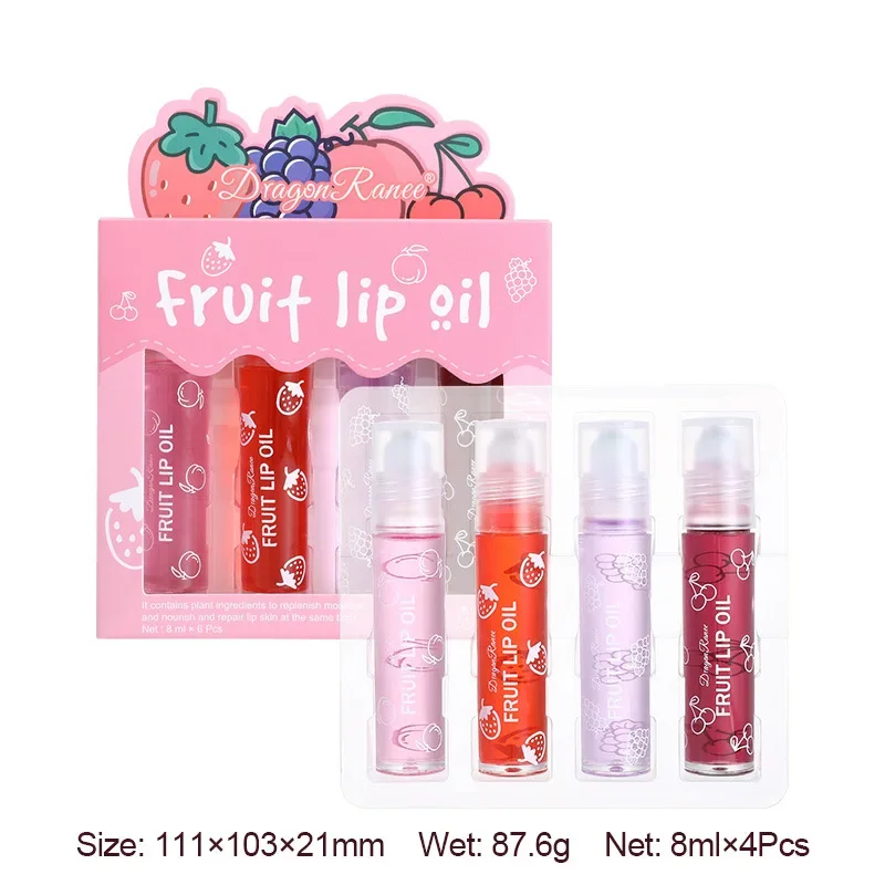 Juego de bálsamo labial Roll-on, 4 piezas, melocotón, fresa, fruta, maquillaje hidratante, uva de cereza transparente, aceite labial, brillo de labios hidratante