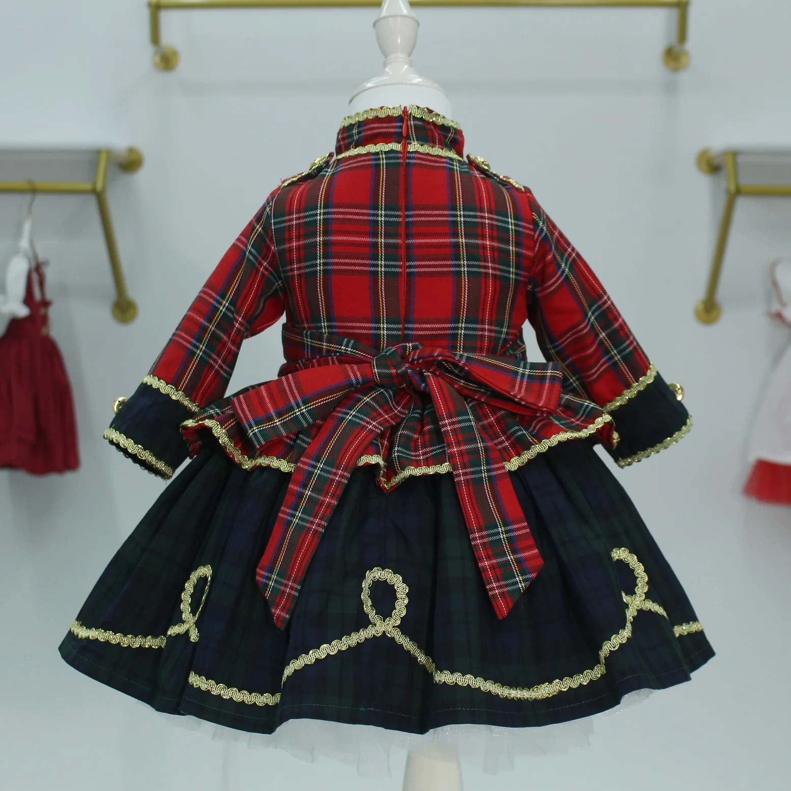 Baby Girl Autumn Winter Green Plaid Red Velvet Vintage Spanish Princess Dress for Christmas Eid Party Birthday Causal C58