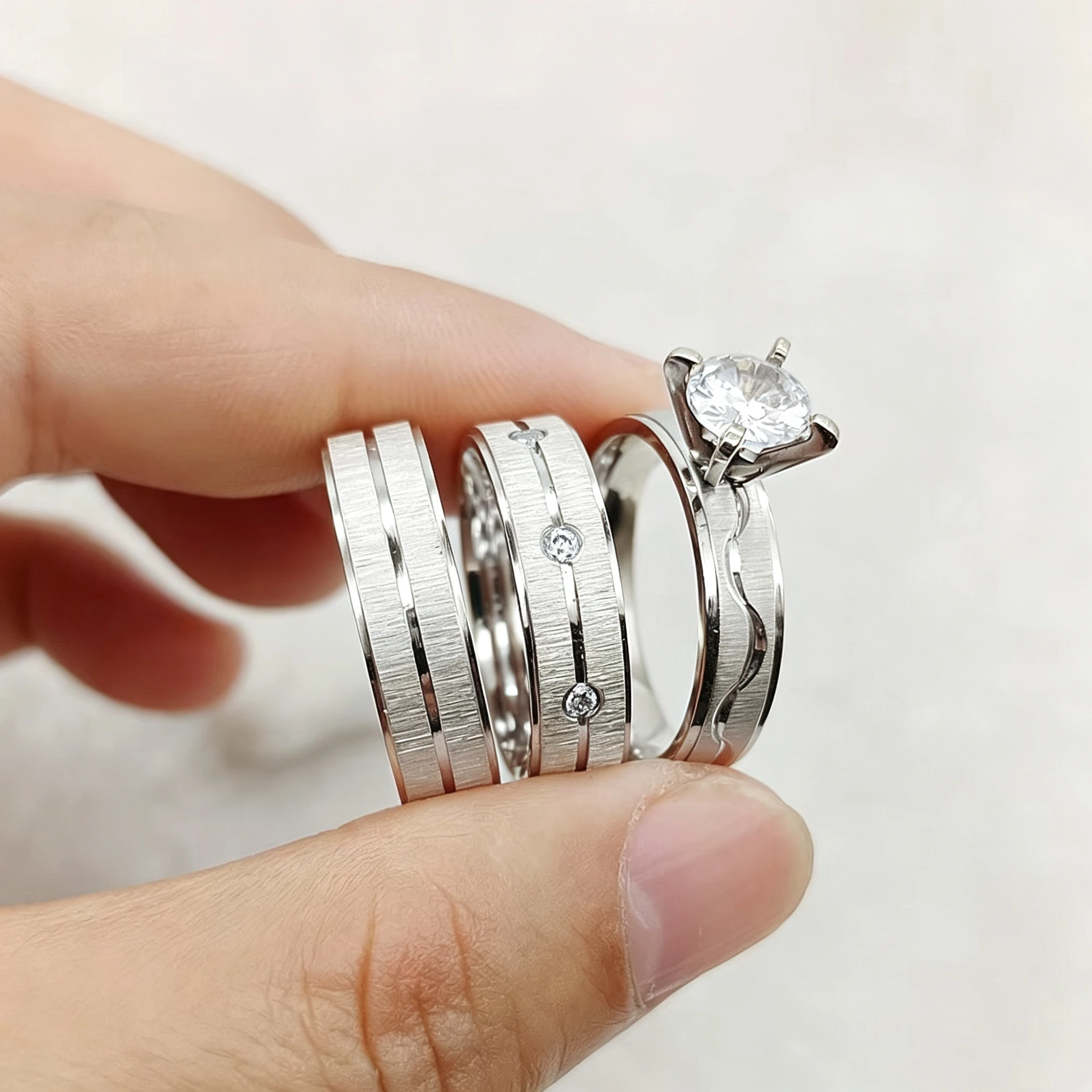 His Hers Matching Wedding Bands Bridal Set 3pcs Couple Rings Silvery Never Fade Solitaire Engagement Ring for Women Promise
