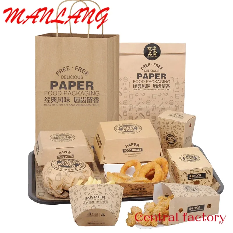 Caixas de papel, adequadas para hambúrguer, hambúrguer, batatas fritas, frango frito, asa, crianças, crianças, dedo, lanche, fast food embalagem recipiente, personalizado