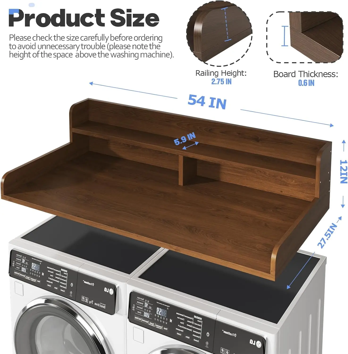 سطح غسالة ومجفف من طبقتين مع واقي ارتفاع 2.75 بوصة، 54 بوصة عرض × 27.5 بوصة عمق غطاء سطح غسيل
