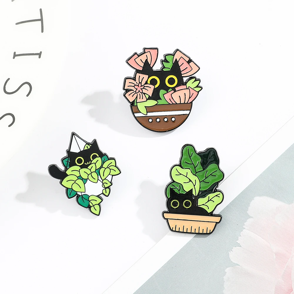 Cute Black Cat Potted Plant Brooch Enamel Pins for Backpack Clothing Kitten Lover Accessories Creative Gifts for Friends