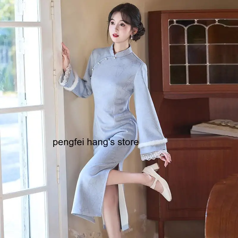 Women Youthful Blue Fleece Lined Modified Cheongsam, New Chinese Style Long Sleeve Premium Thickened Vintage Dress for Winter