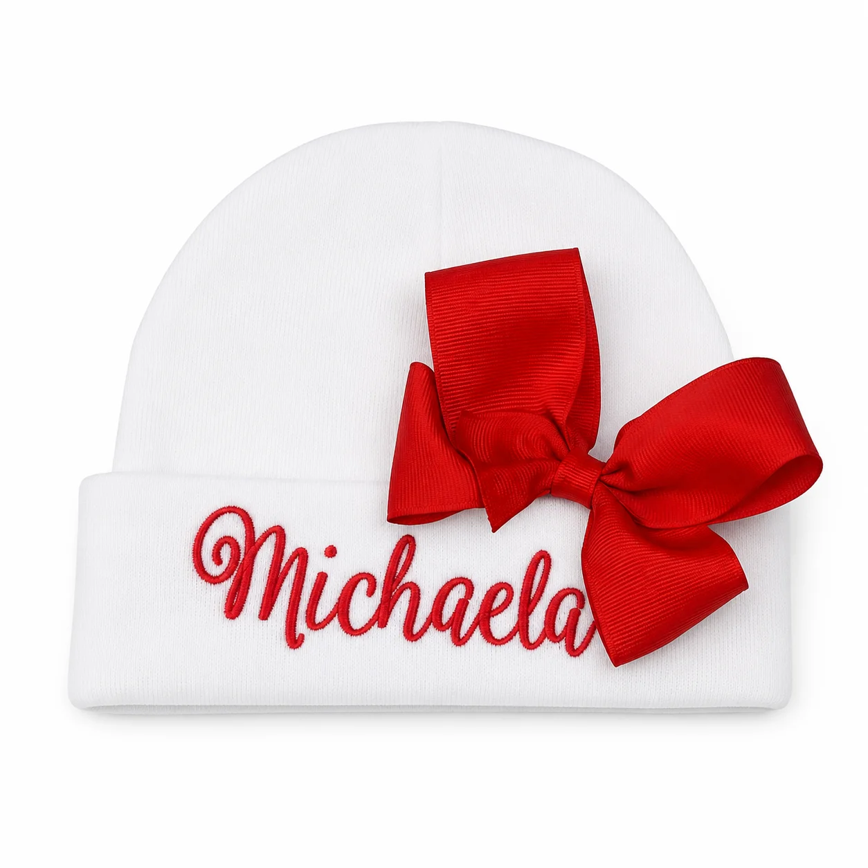 Custom Name Embroidered Newborn Girl Beanie White Knit Hat With Big Red Satin Bow Soft Cotton Infant Hospital Cap For Babys