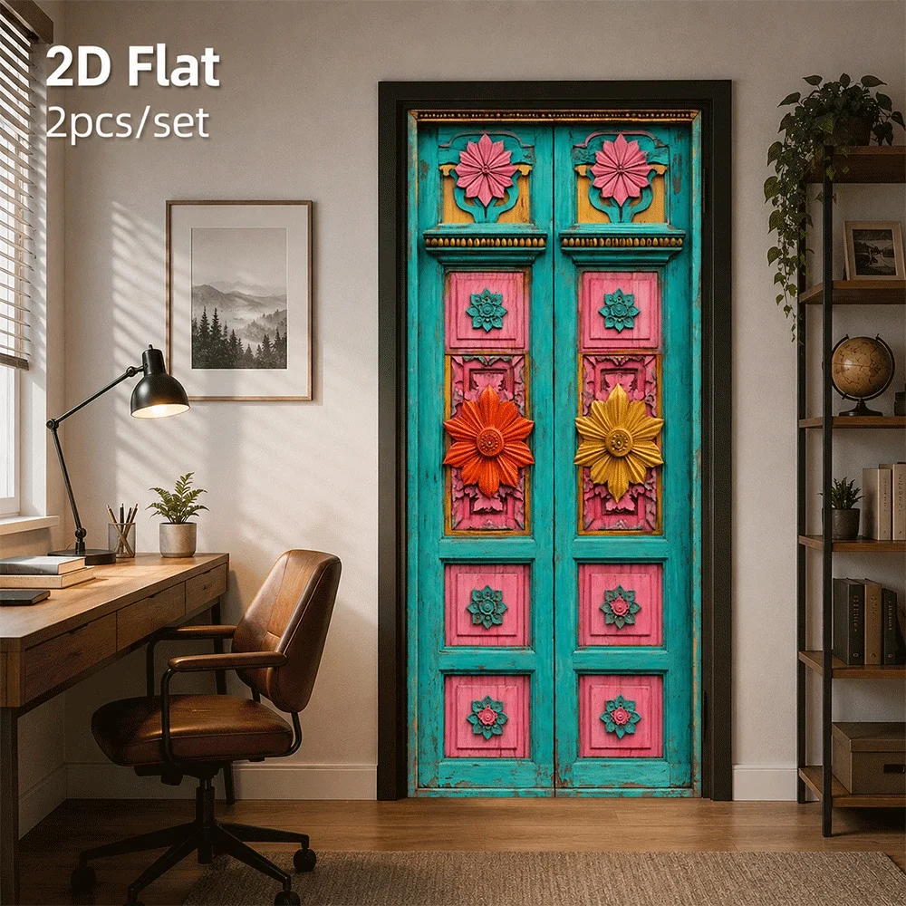 1 piece of retro painted door sticker with ethnic style floral decoration, waterproof self-adhesive 2D flat surface