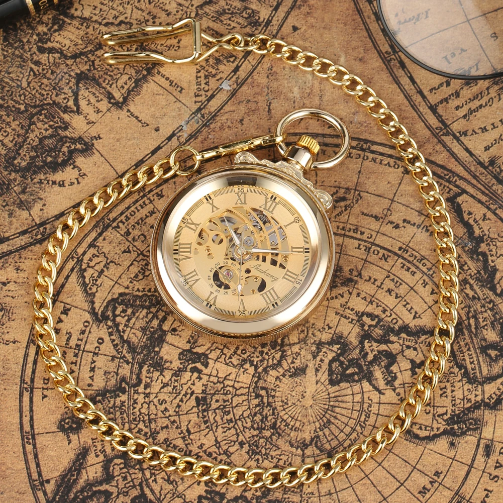 Vintage Gold Roman Numerals Dial Open Face Mechanical Pocket Watch Men Gift Fob Chain Pendant Hand Winding Pocket Clock Man