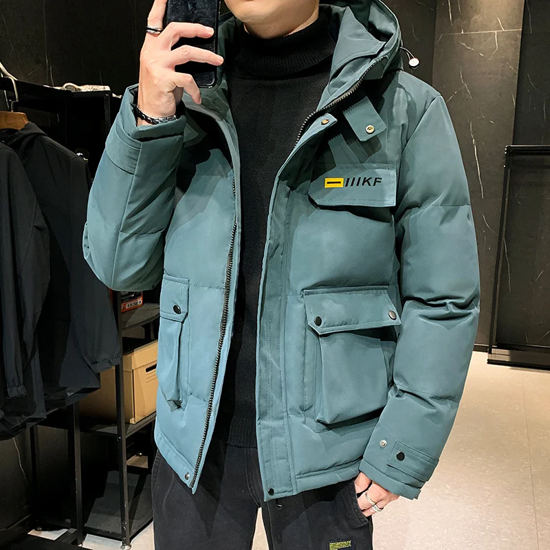 Casual Winter Men's Solid Color Hooded Cotton-Padded Jackets Thick Warm Parkas Bread Jacket Streetwear Top Coats Plus Size M-5XL