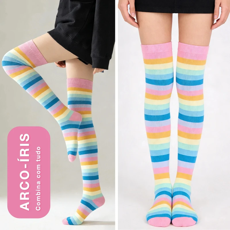 European American Rainbow Striped Socks Exposed Finger Sleeves Party Performance Christmas Cosplay Long Leg Knee High Socks