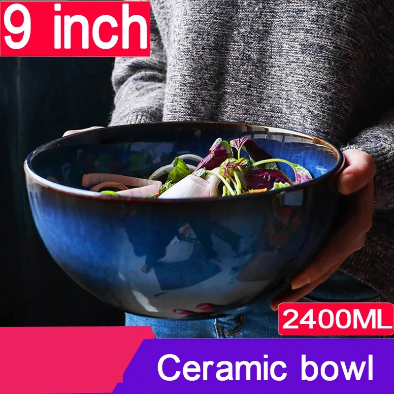 1400 2400ml Super Huge Capacity Ceramic Salad Bowl Blue Porcelain Meal Noodle Ramen Soup Wholesale Kitchen Tableware Container