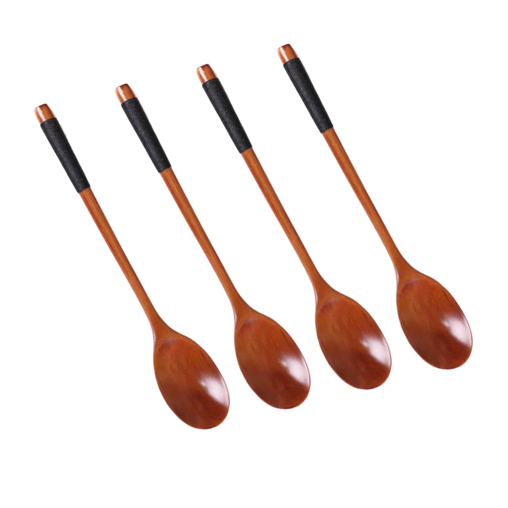 

4 pcs Wooden Long Handle Stirring Spoons Soup Spoons Eco-Friendly Natural Wood Kitchen Utensils Home Restaurant Food Serving