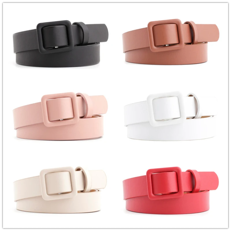 

Vintage Decorative Belt PU Leather Solid Color Square Needleless Buckle Women Waist Belt Slim All-match Narrow Thin No Hole Belt