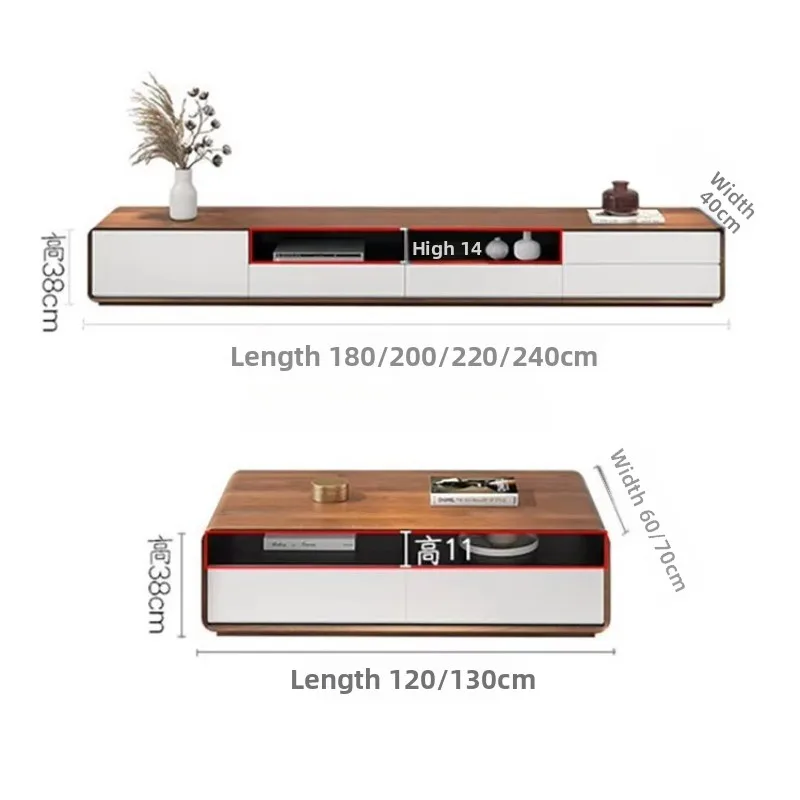New Double-Layer Solid Wood TV Stand Luxury Design Living Room TV Cabinet Italian Style TV Cabinet and Coffee Table Combination