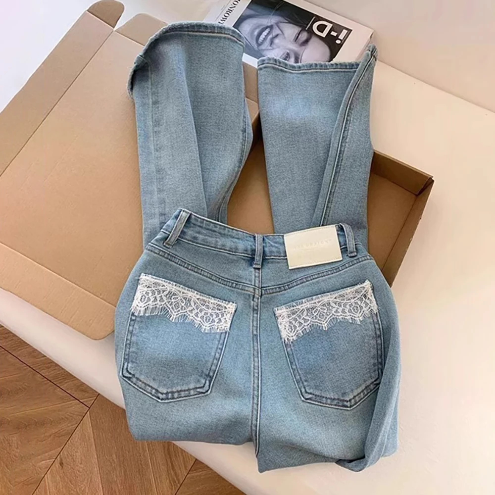 

Trendy Lace Pocket Light Blue Jeans Women Spring Autumn High Waist Straight Wide Leg Denim Pants 2025 New Female Slim Trousers