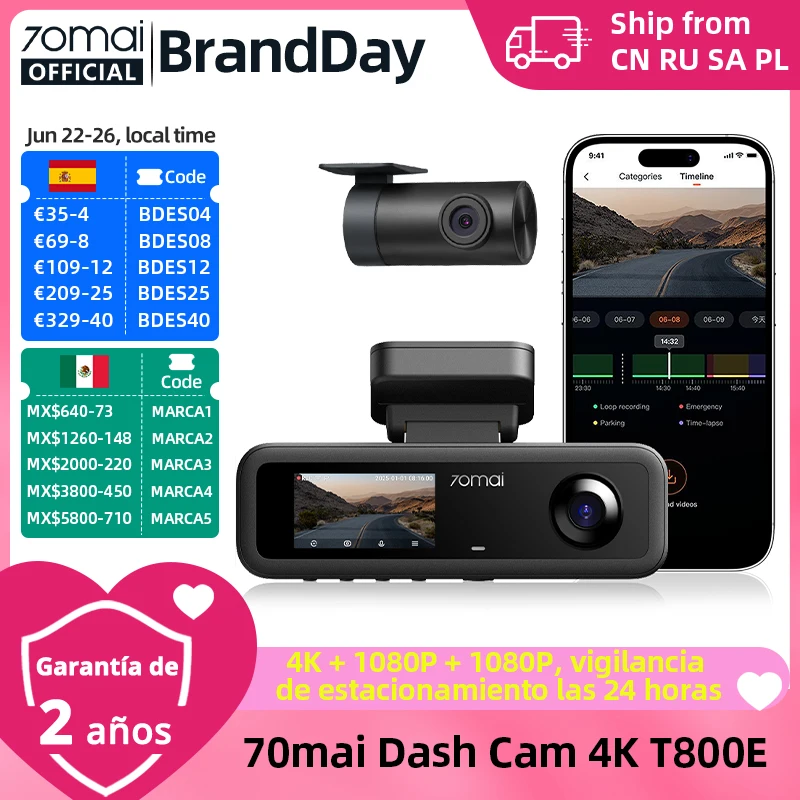 70mai cámara de salpicadero de 3 canales T800E 4K HDR F1.55 supercondensador de apertura Control de voz GPS coche DVR 70mai T800E WiFi 6 5GHz