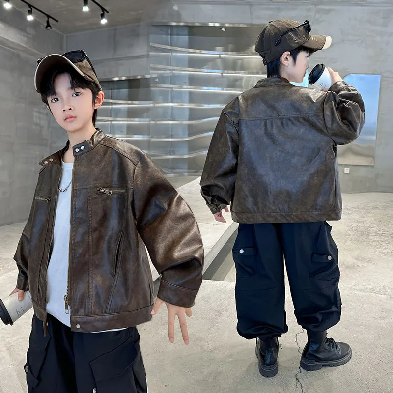 

Vintage Children's Black Brown Artificial Leather Jacket for Tweens Boy Fashion Faux PU Coat Kids Casual Spring Autumn Clothing
