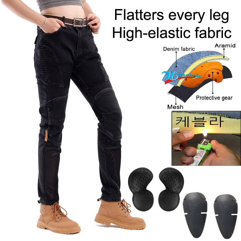 Kevlar Motorcycle Jeans Women Abrasion Resistant Riding Pants Summer Windproof Durable Black Trousers