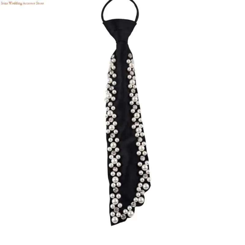 G92D Elegant Imitation Pearls Accent Necktie Lightweight Wrinkles Resistant Polyester Suitable For Office Meetings And Casual