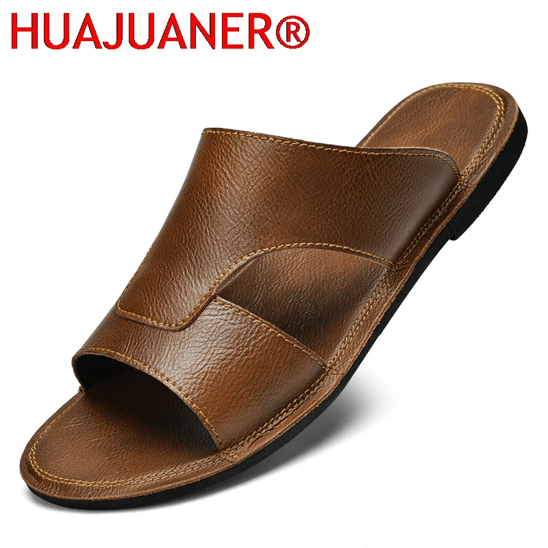 

Cowhide Slippers Men's Black Versatile Genuine Leather 47 Flip-Flops Summer Beach Shoes Men's Soft Sole Leather Sandals Trendy