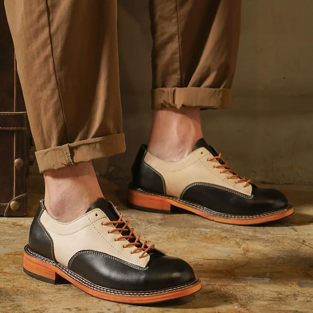 

Fashion Men's Genuine Leather Derby Dress Shoes Low Top Casual Work Shoes Oxfords Round Toe Trendy Retro