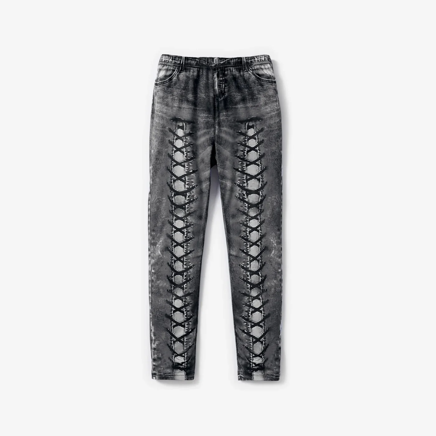 PatPat Kid Girl Lace-up Pattern Print Elasticized Denim Skinny Pants Leggings Perfect for Outings and Daily Wear Basic Style