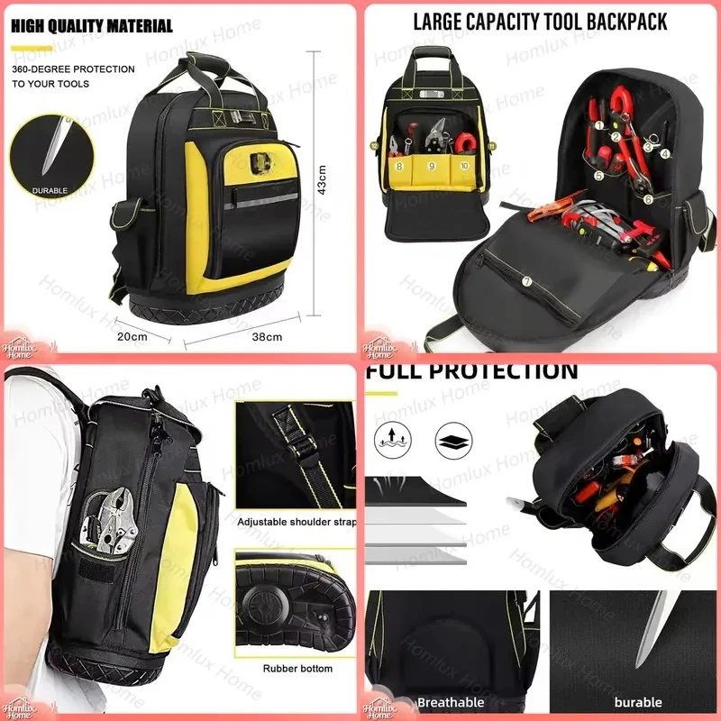 Thickened Hard Bottom Tool Backpack Portable Enlarged Multi-Functional Wear-Resistant Waterproof Construction Worker Tool Bag