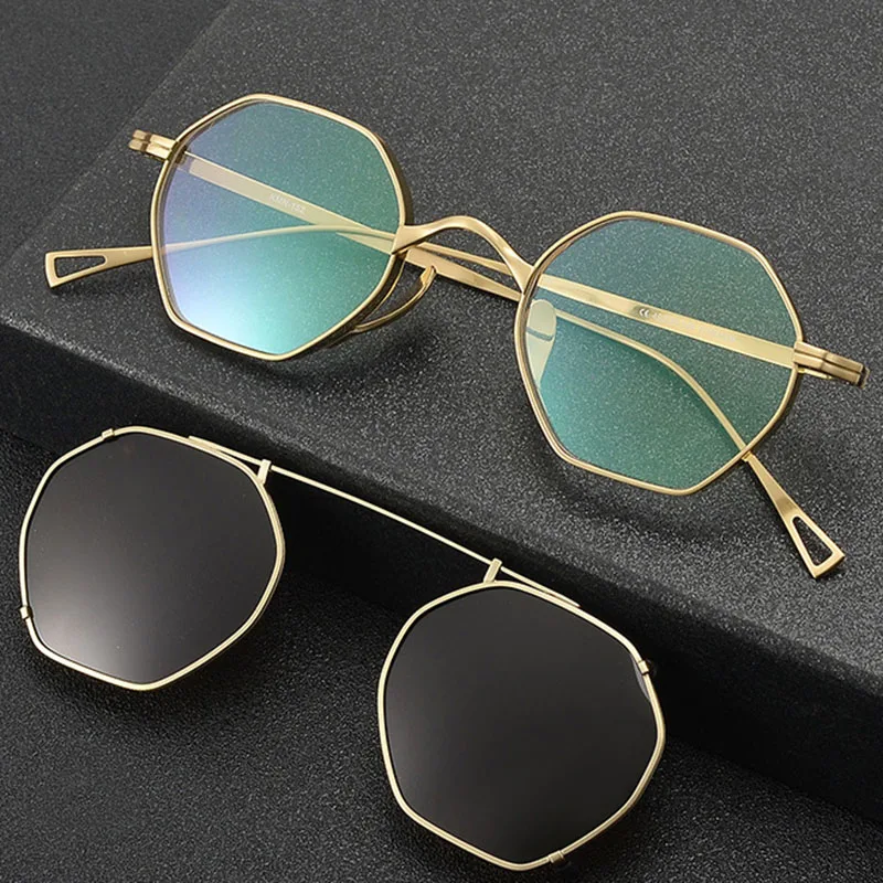 

EYELUYAN New Summer Polygon Glasses Frame with Polarized Clip Titanium Myopia Optical Prescription Eyeglasses Frame Men Women