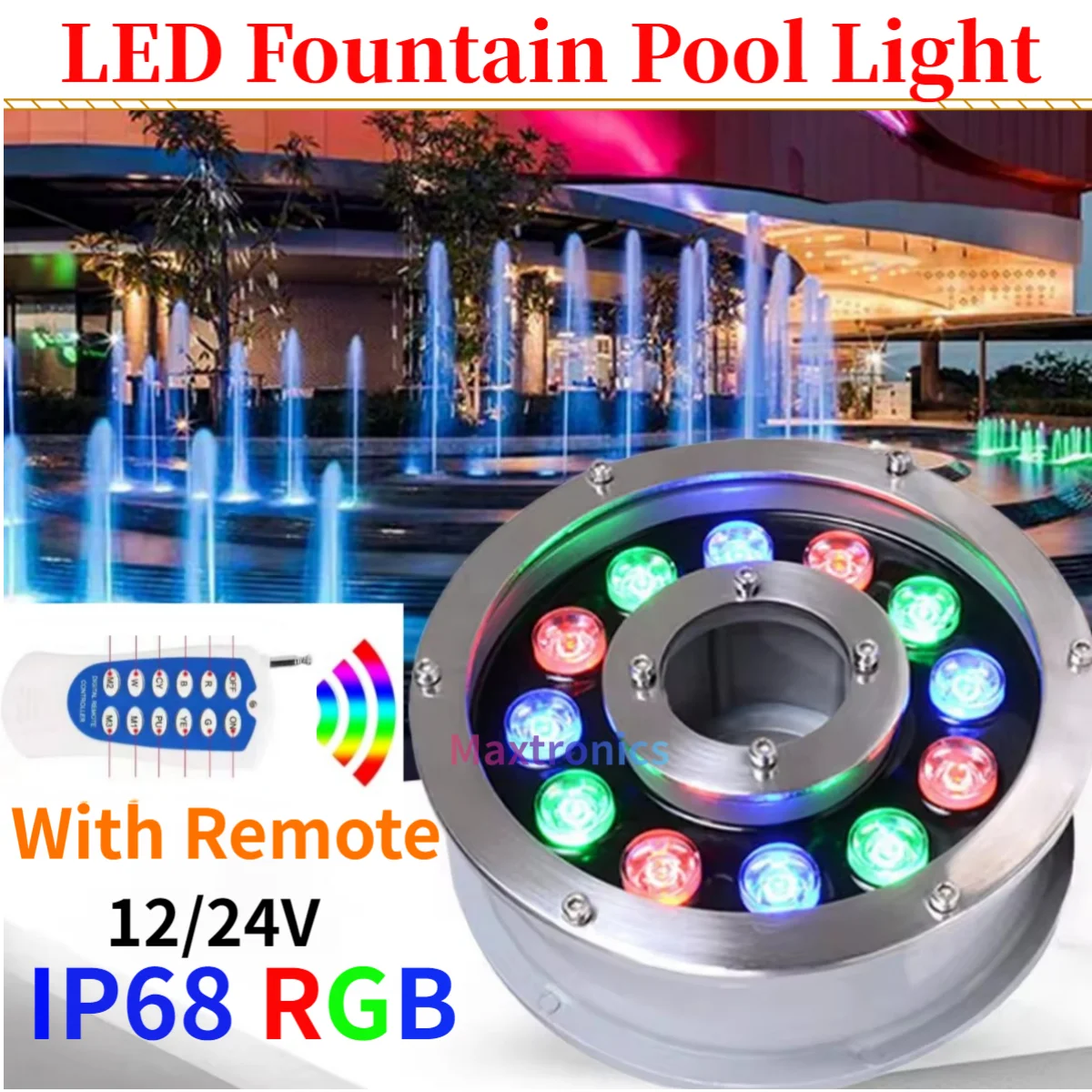 

12V/24V LED Fountain Pool Light RGB Waterproof IP68 With Remote Control Underwater Lamp Swimming Pool Landscape Colorful Lamp