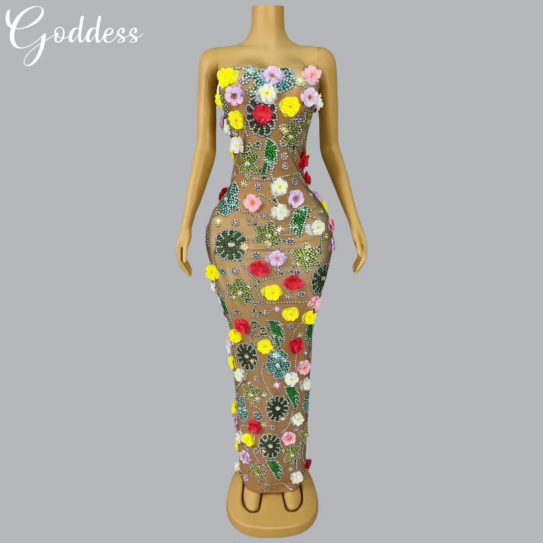 

Sparkling Rhinestone Flower Dinner Party Dress Club Banquet Maxi Dress Fancy Glitter Dress Birthday Party Dance Sexy Long Dress