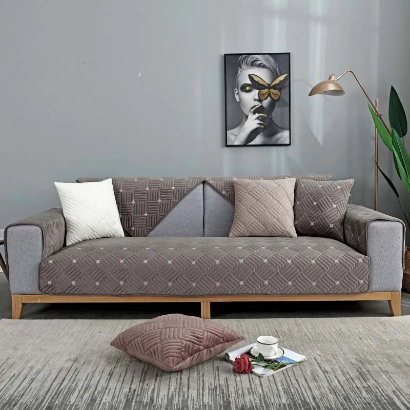 Modern Solid Color Velvet Plush Quilted Sofa Towel Super Soft Non-slip Sectional Sofa Cover for Living Room L shape Corner Cover