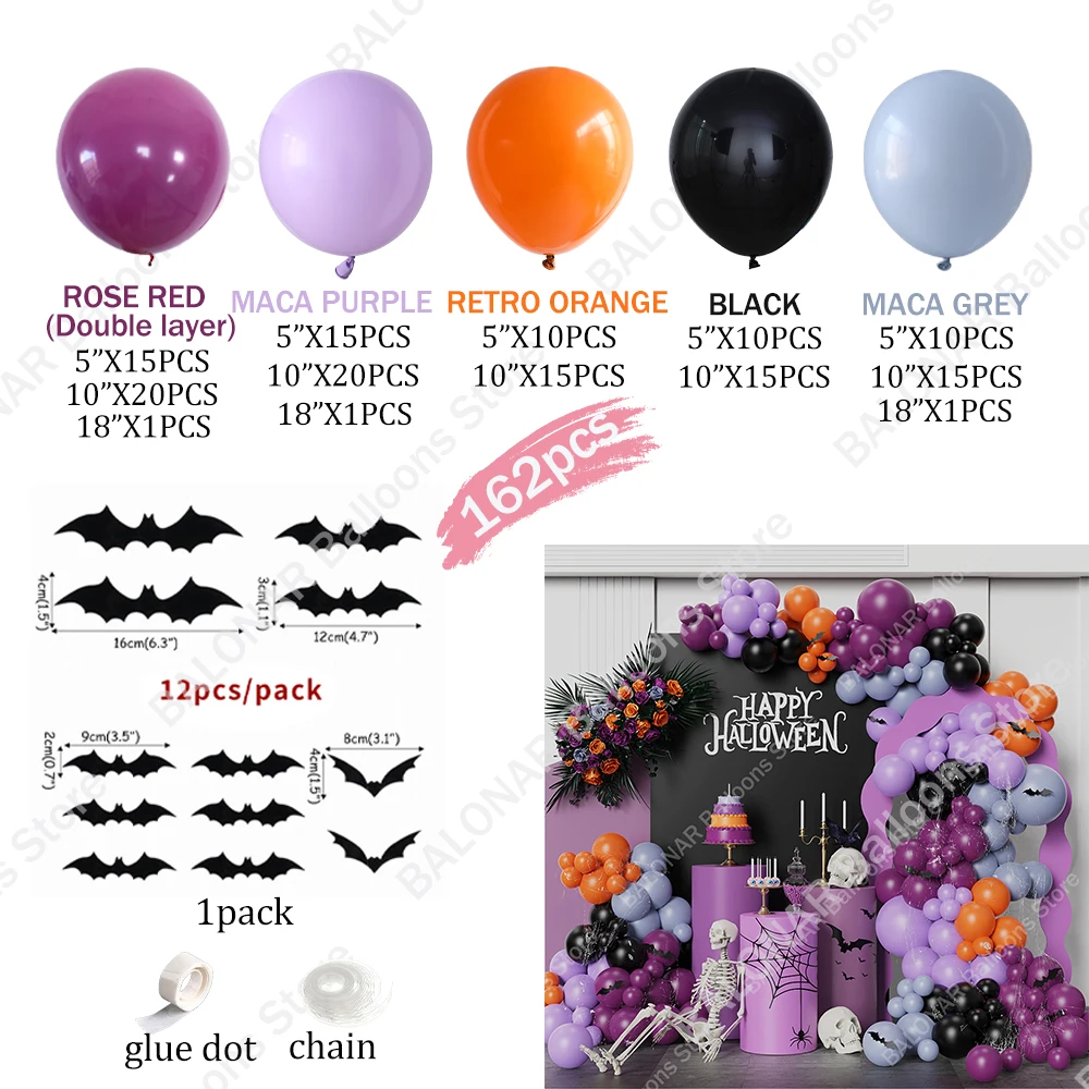 162pcs Halloween Black Purple Balloons Garland Arch Kit Bat Sticker Spooky Birthday Party Decor Happy Halloween Party Backdrop