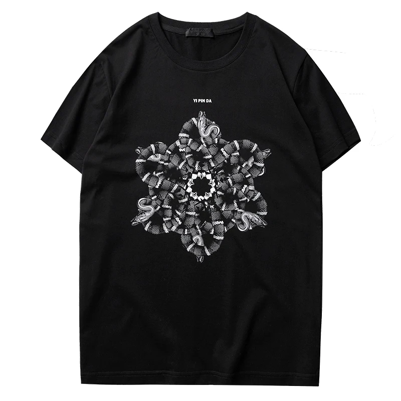 Show Your Unique Style with the Men's Short Sleeve T-Shirt featuring Kangli Spray Printing and Silver Circle Snake Pattern